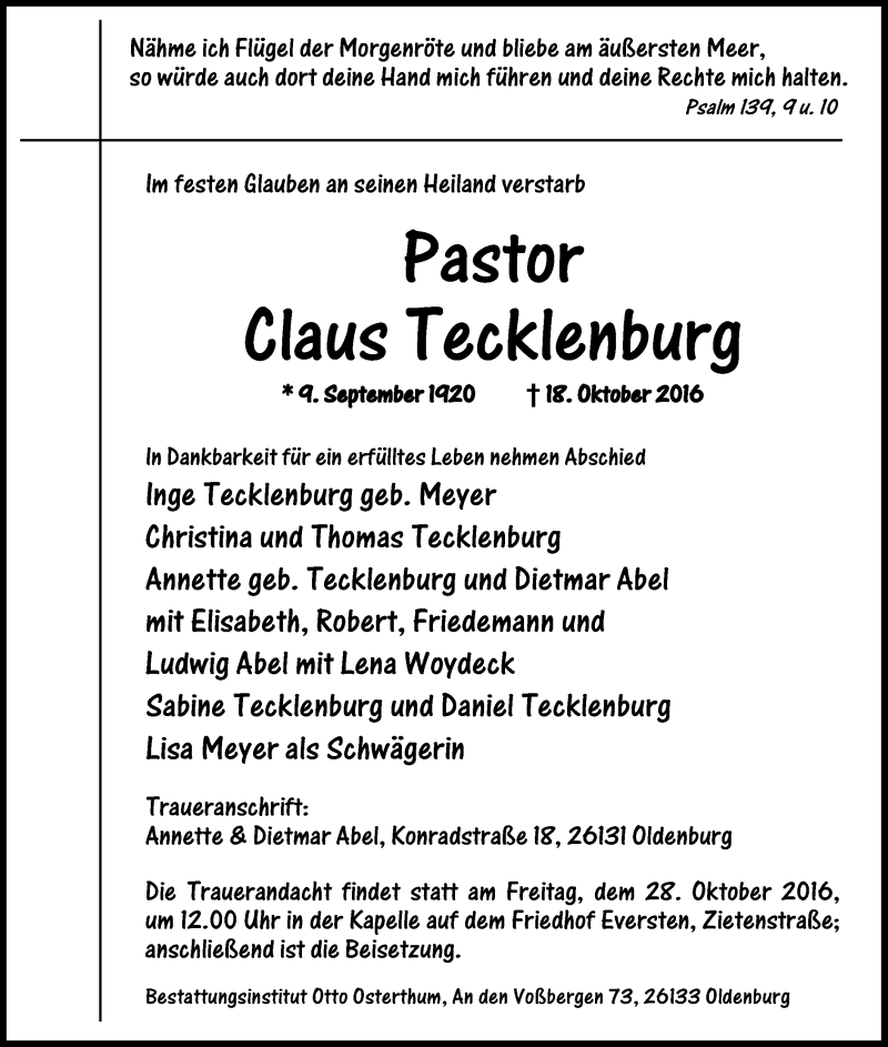 Traueranzeige für Claus Tecklenburg vom 22.10.2016 aus Nordwest-Zeitung