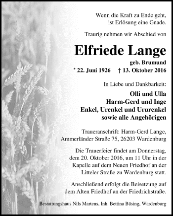 Traueranzeige von Elfriede Lange von Nordwest-Zeitung