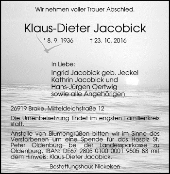 Traueranzeige von Klaus-Dieter Jacobick von Nordwest-Zeitung