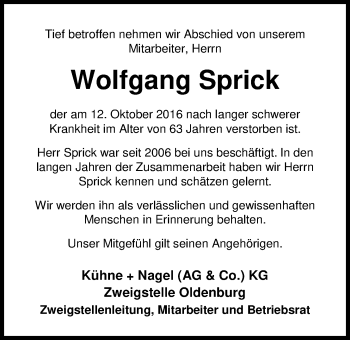 Traueranzeige von Wolfgang Sprick von Nordwest-Zeitung