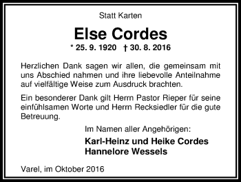Traueranzeige von Else Cordes von Nordwest-Zeitung