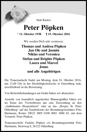 Traueranzeige von Peter Pöpken von Nordwest-Zeitung