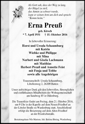 Traueranzeige von Erna Preuß von Nordwest-Zeitung