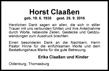 Traueranzeige von Horst Claaßen von Nordwest-Zeitung