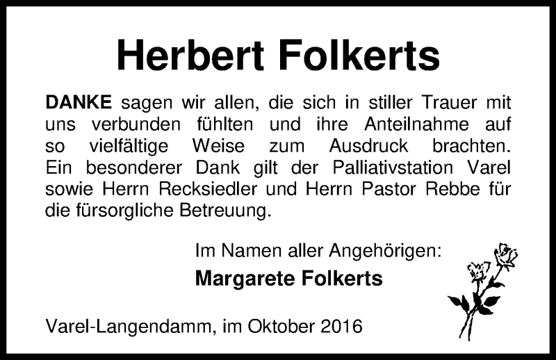  Traueranzeige für Herbert Folkerts vom 29.10.2016 aus Nordwest-Zeitung