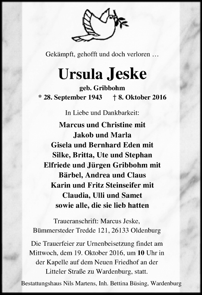  Traueranzeige für Ursula Jeske vom 13.10.2016 aus Nordwest-Zeitung
