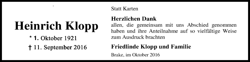  Traueranzeige für Heinrich Klopp vom 08.10.2016 aus Nordwest-Zeitung