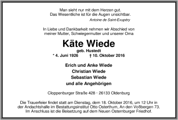 Traueranzeige von Käte Wiede von Nordwest-Zeitung