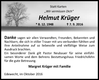 Traueranzeige von Helmut Krüger von Nordwest-Zeitung