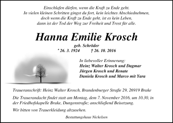 Traueranzeige von Hanna Emilie Krosch von Nordwest-Zeitung