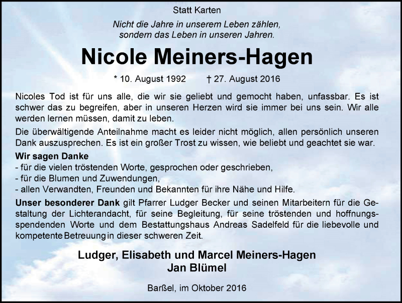  Traueranzeige für Nicole Meiners-Hagen vom 08.10.2016 aus Nordwest-Zeitung