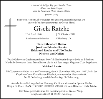 Traueranzeige von Gisela Ratzke von Nordwest-Zeitung