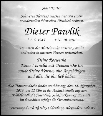 Traueranzeige von Dieter Pawlik von Nordwest-Zeitung
