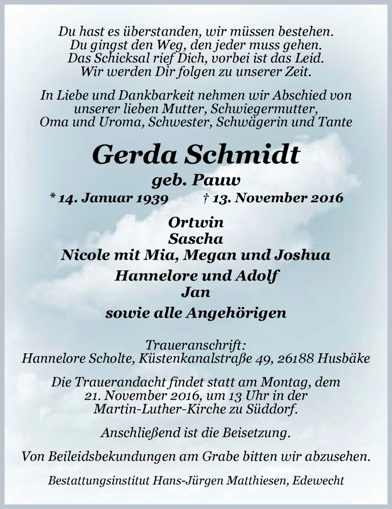  Traueranzeige für Gerda Schmidt vom 16.11.2016 aus Nordwest-Zeitung