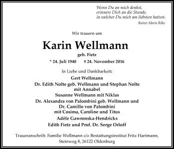 Traueranzeige von Karin Wellmann von Nordwest-Zeitung