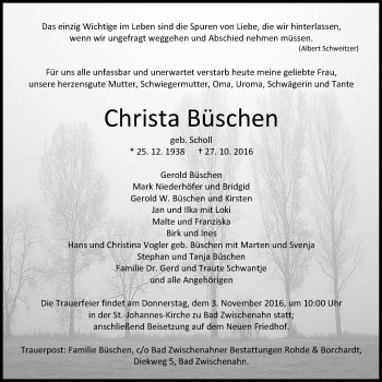 Traueranzeige von Christa Büschen von Nordwest-Zeitung