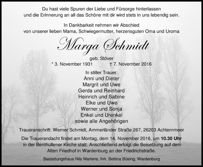  Traueranzeige für Marga Schmidt vom 10.11.2016 aus Nordwest-Zeitung