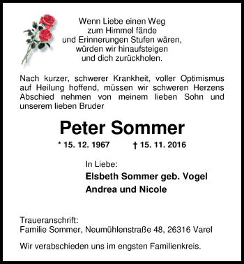 Traueranzeige von Peter Sommer von Nordwest-Zeitung