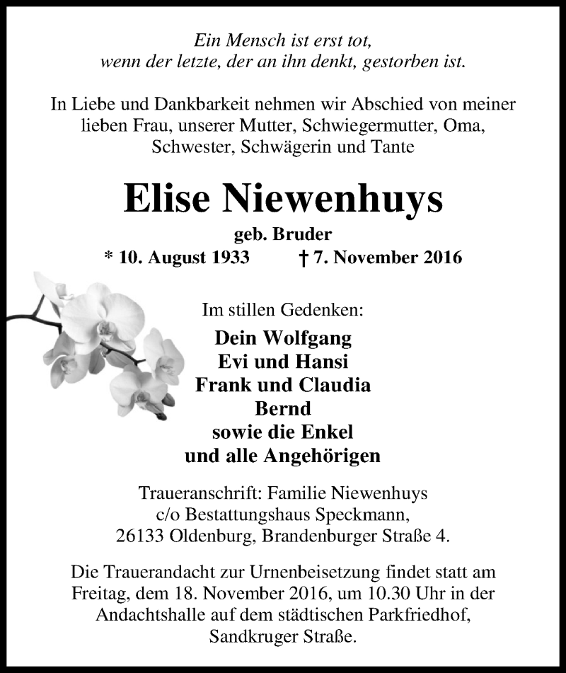  Traueranzeige für Elise Niewenhuys vom 12.11.2016 aus Nordwest-Zeitung