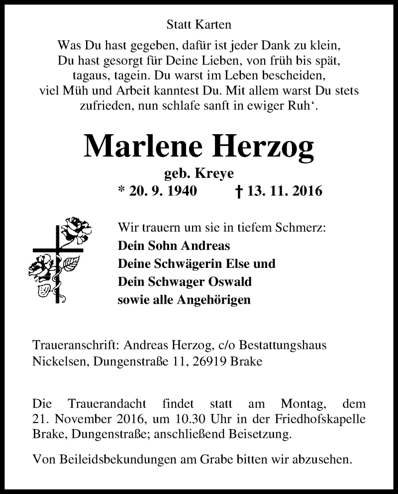  Traueranzeige für Marlene Herzog vom 16.11.2016 aus Nordwest-Zeitung