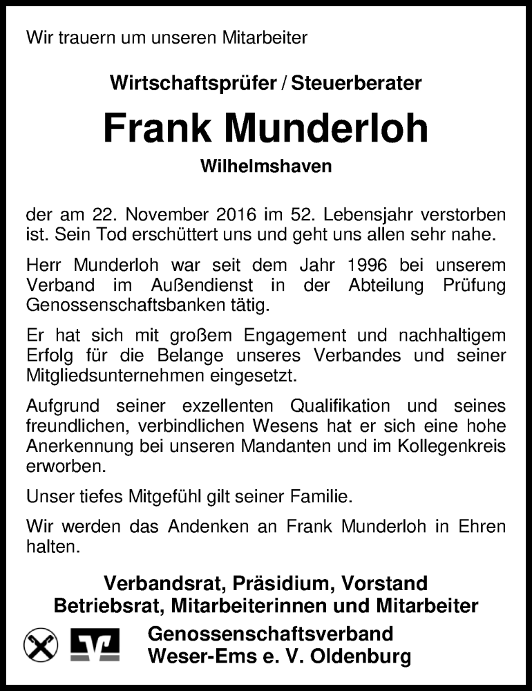  Traueranzeige für Frank Munderloh vom 26.11.2016 aus Nordwest-Zeitung