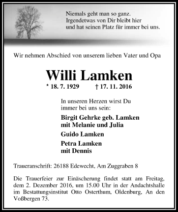 Traueranzeige von Willi Lamken von Nordwest-Zeitung