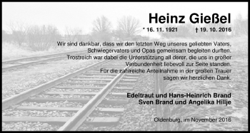 Traueranzeige von Heinz Gießel von Nordwest-Zeitung