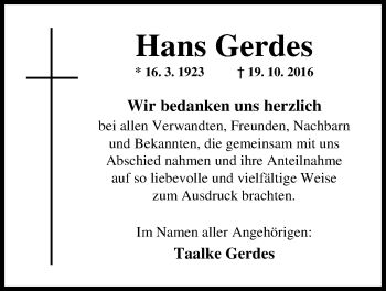 Traueranzeige von Hans Gerdes von Nordwest-Zeitung