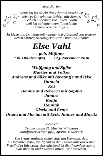Traueranzeige von Else Vahl von Nordwest-Zeitung