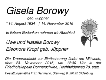 Traueranzeige von Gisela Borowy von Nordwest-Zeitung
