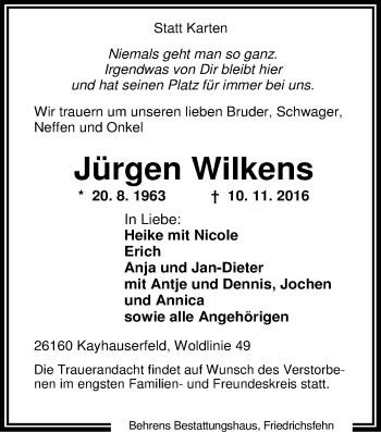 Traueranzeige von Jürgen Wilkens von Nordwest-Zeitung