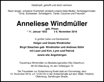 Traueranzeige von Anneliese Windmüller von Nordwest-Zeitung