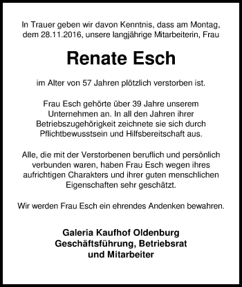 Traueranzeige von Renate Esch von Nordwest-Zeitung