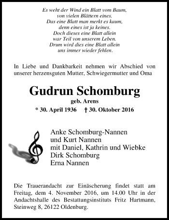 Traueranzeige von Gudrun Schomburg von Nordwest-Zeitung