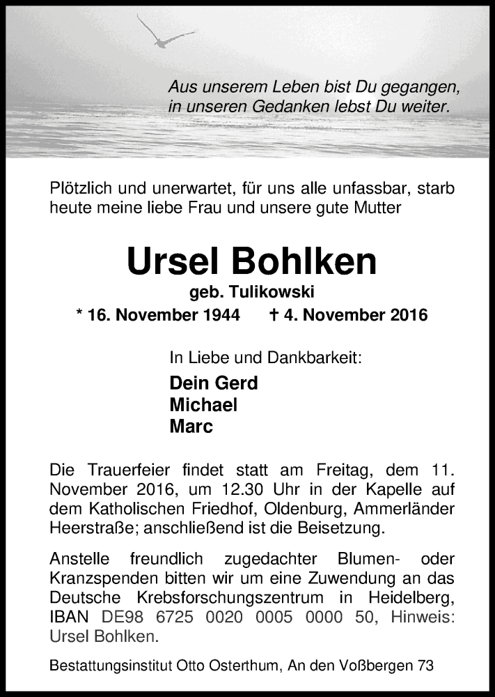  Traueranzeige für Ursel Bohlken vom 08.11.2016 aus Nordwest-Zeitung