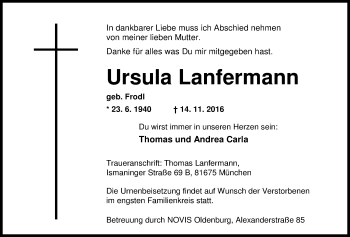 Traueranzeige von Ursula Lanfermann von Nordwest-Zeitung