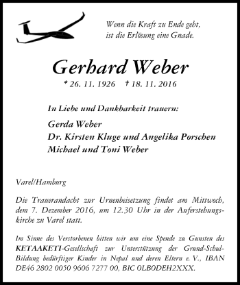 Traueranzeige von Gerhard Weber von Nordwest-Zeitung
