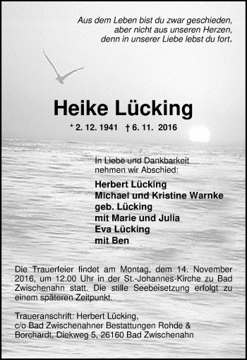 Traueranzeige von Heike Lücking von Nordwest-Zeitung