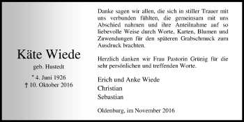 Traueranzeige von Käte Wiede von Nordwest-Zeitung