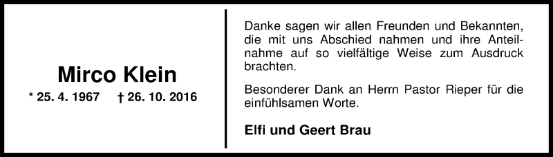  Traueranzeige für Mirco Klein vom 19.11.2016 aus Nordwest-Zeitung
