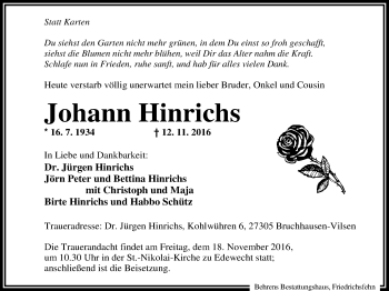 Traueranzeige von Johann Hinrichs von Nordwest-Zeitung