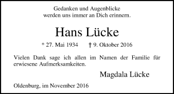 Traueranzeige von Hans Lücke von Nordwest-Zeitung