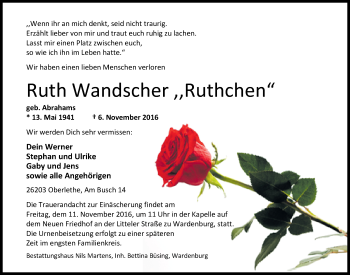 Traueranzeige von Ruth Wandscher von Nordwest-Zeitung