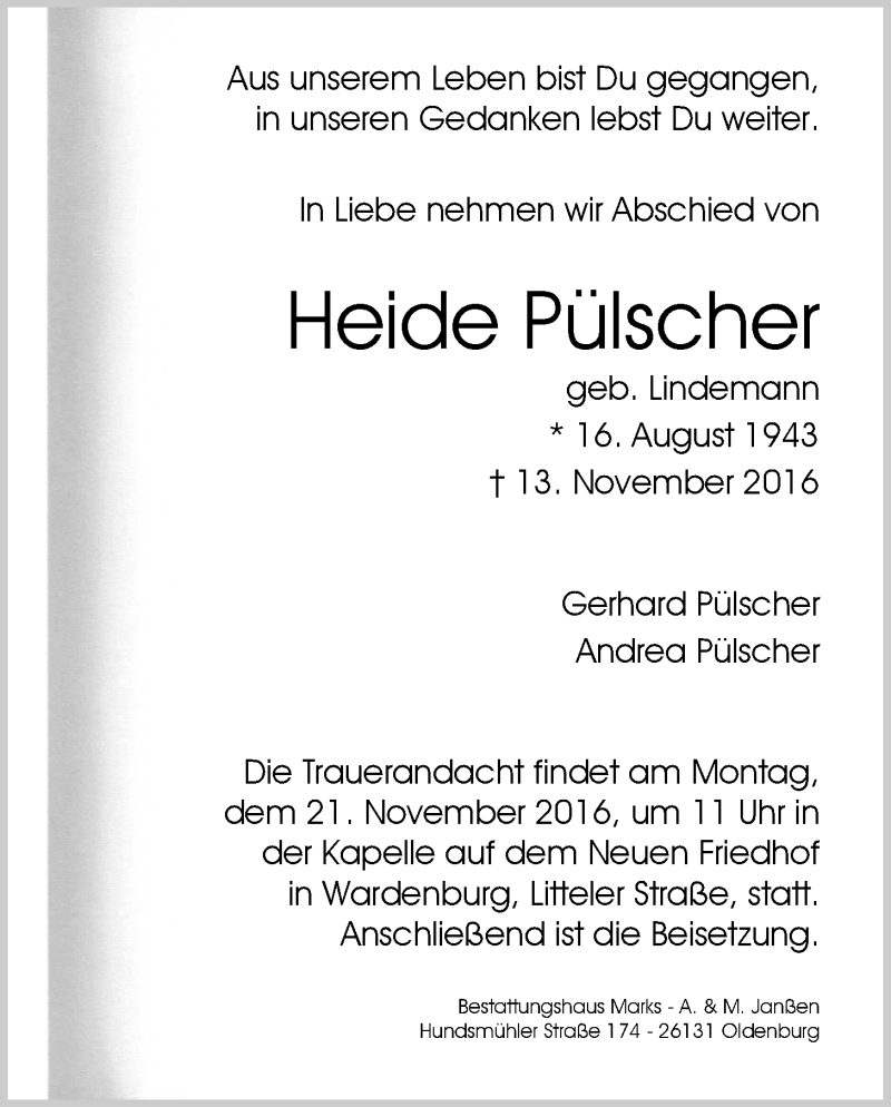  Traueranzeige für Heide Pülscher vom 16.11.2016 aus Nordwest-Zeitung