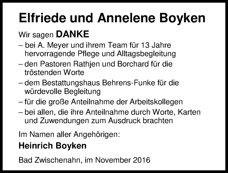  Traueranzeige für Elfriede und Annelene Boyken vom 26.11.2016 aus Nordwest-Zeitung