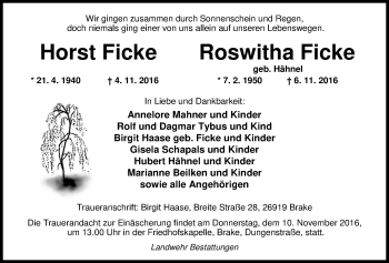 Traueranzeige von Horst und Roswitha Ficke von Nordwest-Zeitung