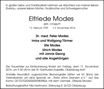 Traueranzeige von Elfriede Modes von Nordwest-Zeitung