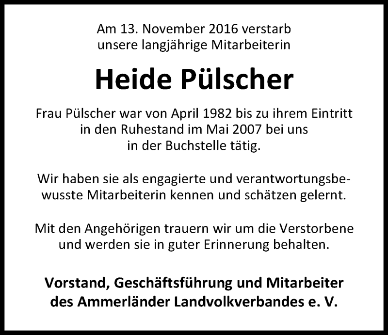  Traueranzeige für Heide Pülscher vom 17.11.2016 aus Nordwest-Zeitung