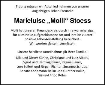 Traueranzeige von Marieluise Stoess von Nordwest-Zeitung