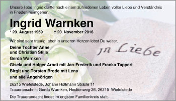 Traueranzeige von Ingrid Warnken von Nordwest-Zeitung